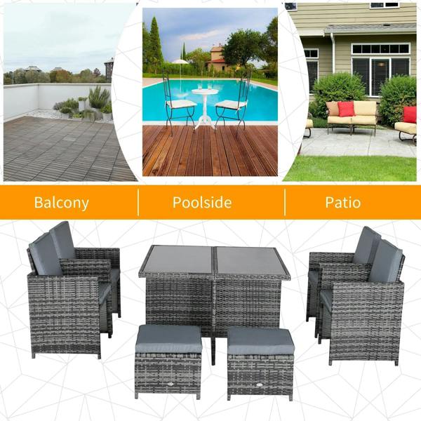 Grey rattan dining table and armchairs with cushioned ottoman stools for outdoor seating