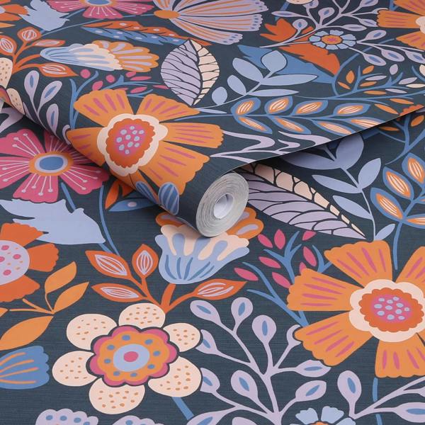 Envy Oopsy Daisy Wallpaper - Blue Lilac and Tangerine - 10m