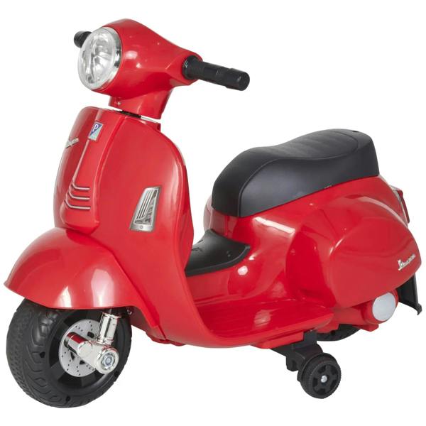 Red kids ride-on Vespa-style electric motorbike with black seat and front headlight