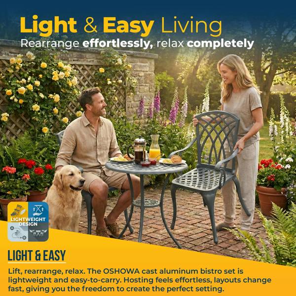 Homeology OSHOWA Grey Aluminium Weatherproof Outdoor Table and 2 Comfortable Chairs with Armrests Bistro Set