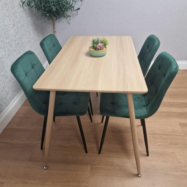Kosy Koala Modern Wood Effect Dining Table Set With 4 Green Velvet Chairs Dining Room Furniture