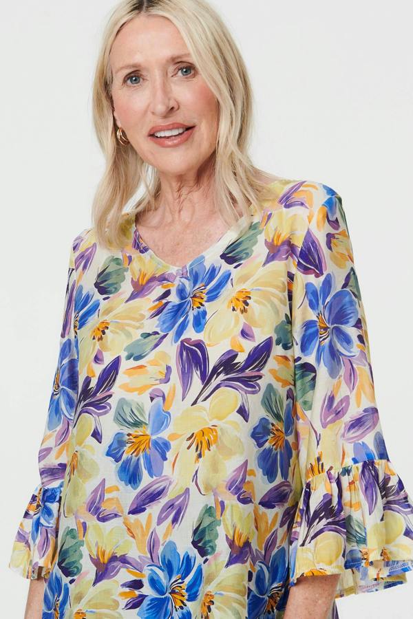 Blue | Floral Flare 3/4 Sleeve Relaxed Blouse