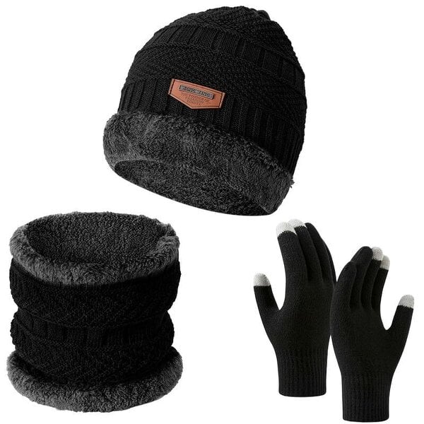 Obasyhig Fleece-Lined Knitted Winter 3-Piece Set - Black - Style 3