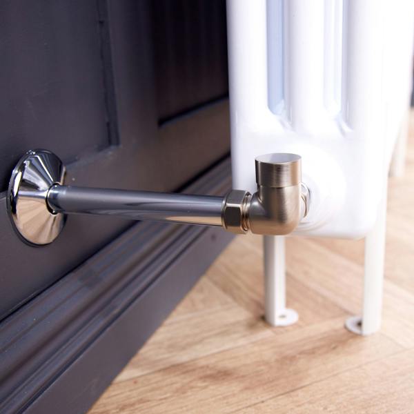 Flode Corner Round Thermostatic TRV & Lockshield 15mm x 1/2″ | Brushed Steel