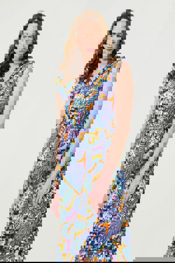 Blue | Abstract Frill Cap Sleeve Wrap Midi Dress
