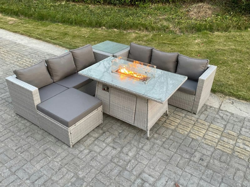 Fimous Light Grey Corner Rattan Fire Pit Garden Furniture Set Gas Heater Burner Lounge Sofa With Side Coffee Table Big Footstool