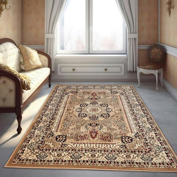 Thick Beige Oriental Rug for Living Room, Traditional Vintage Style