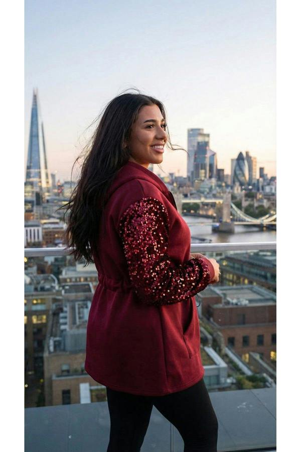 Evalora Zip Up Hoodie With Sequin Sleeve Detail - Wine