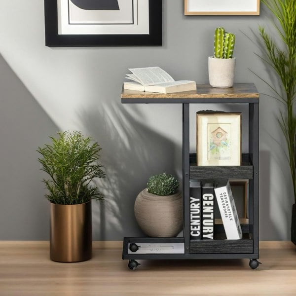 Rafaelo Mobilia Industrial C Shaped Side Table 3-Tier With Wheels