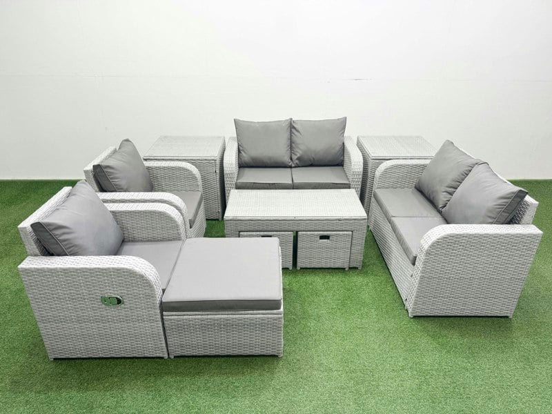Fimous 9 Seater Outdoor Reclining Chair Love Sofa Set Rattan Garden Furniture Set with Oblong Coffee Table 3 Stools 2 Side Table Light Grey