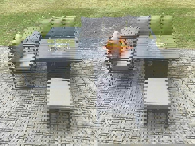Fimous Aluminium 5 Pieces Garden Furniture Sofa Set with Cushions Gas Fire Pit Dining Table Set with Side Table Big Footstool Dark Grey