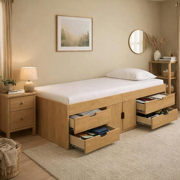 Kudlhome Multi Drawer Single 3ft Cabin Bed Frame, Oak Effect