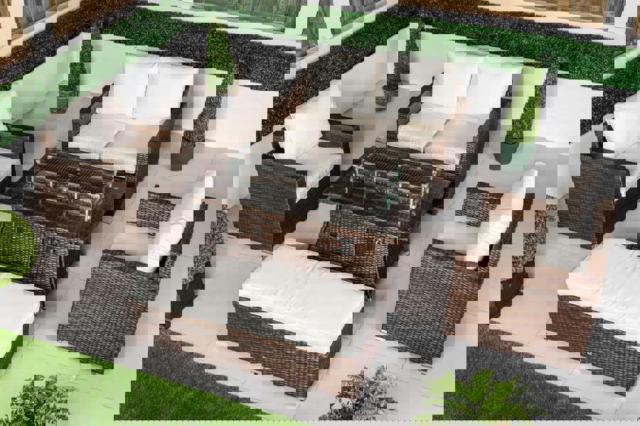 Giardino Sydney Loveseat Sofa Rattan Garden Furniture Outdoor Lounge Set with Arm Chairs, Fire Pit Coffee Table & Bench