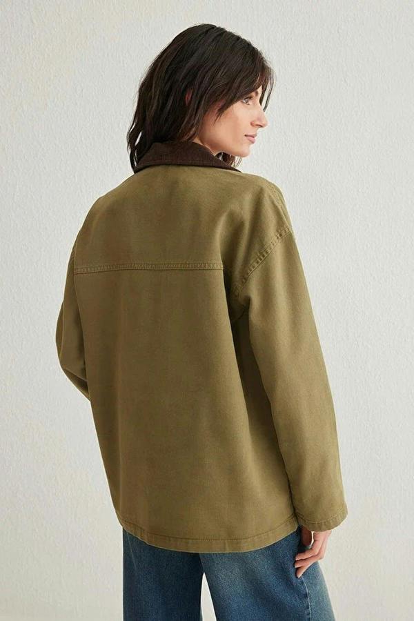 WOVCOR Ribbed Collar Oversize Denim Shirt Jacket with Pocket Flap Detail