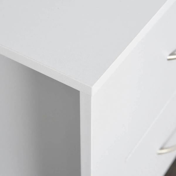 White bedside table corner with smooth tabletop edge and side panel detail