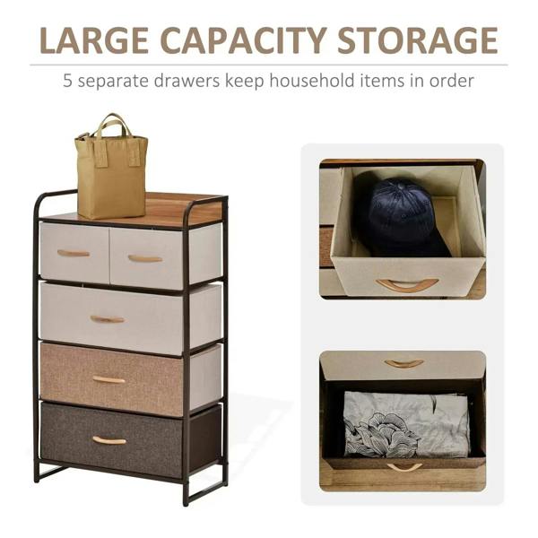 5-drawer storage dresser tower with fabric drawers and pull handles, open top for items
