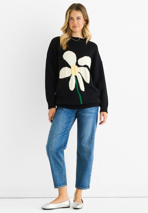 Gini London Black Paint Flower Knit Oversized Long Jumper