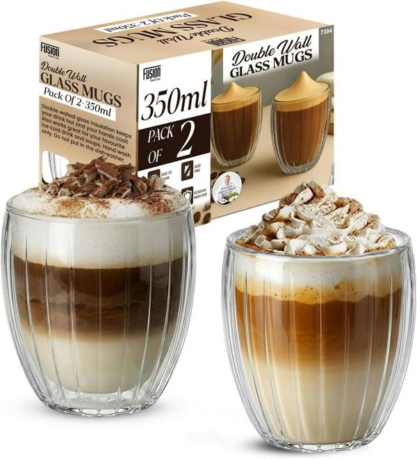 Fusion Food Care Double Walled Glass Coffee Mugs 2x350ml - Coffee Glass Cups for Hot & Cold Drinks - Striped Latte Mugs