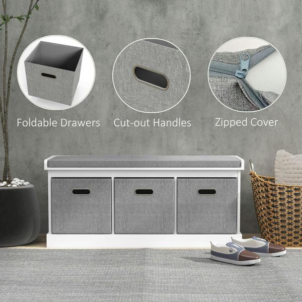White shoe storage bench with three gray drawers, cut-out handles, and padded top