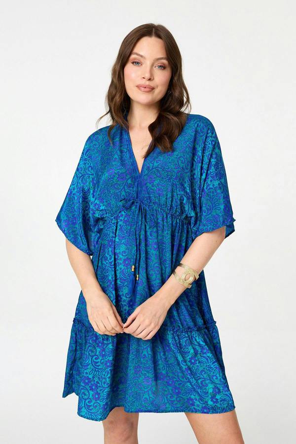 Blue | Paisley 3/4 Sleeve Relaxed Short Dress