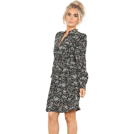 Elaina Fashion Women's Black Floral Print A-Line Loose Pleated Ruffle Cocktail Swing Mini Dress