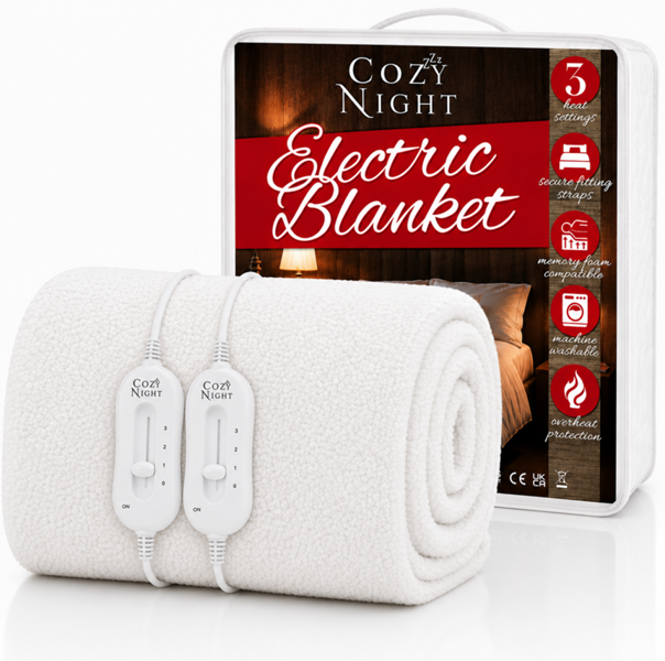 Cozy Night Superking Size Electric Blanket Heated with 3 Heat Settings - Quick Fit Underblanket - Fleece Material Machine Washable