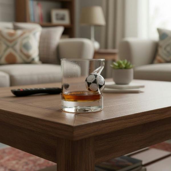 A handcrafted whisky glass containing golden whisky, with a miniature black-and-white football embedded into the side of the glass. The glass sits on a polished wooden coffee table, with a remote control, a soft sofa, and a living room background in a blurred, cosy setting.