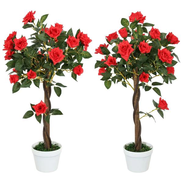 Set of 2 red artificial rose plants in white square pots with green leaves