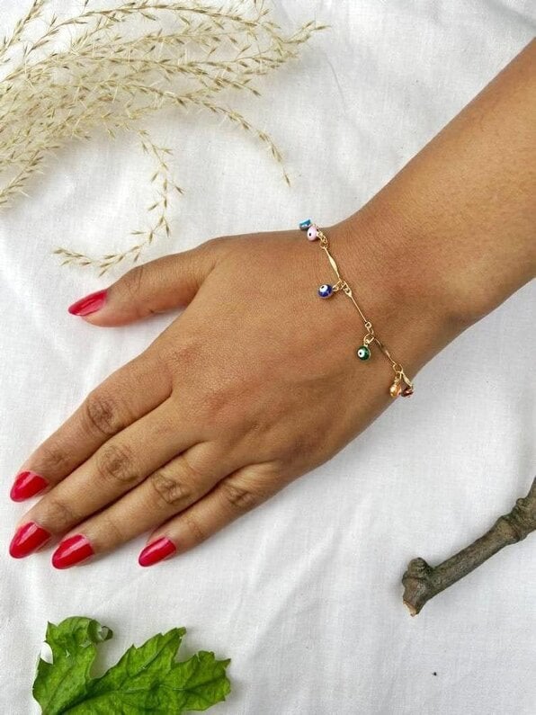 The Colourful Aura Silver Plated Dainty Evil Eye Protection Charm Beaded Dangly Adjustable Bracelet