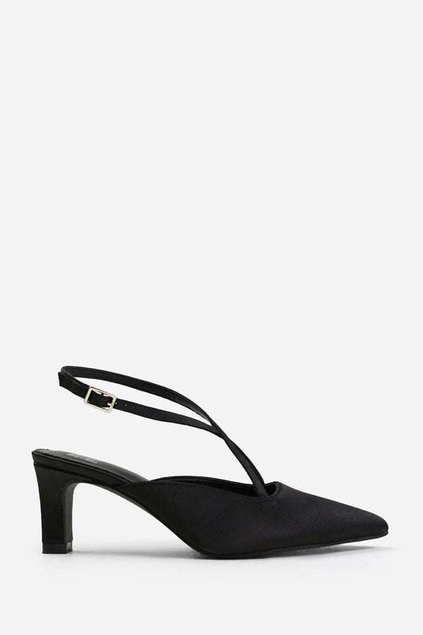 Where's That From Austen Wide Fit Pointed Toe Low Block Heel With Cross Over Ankle Strap in Black Satin