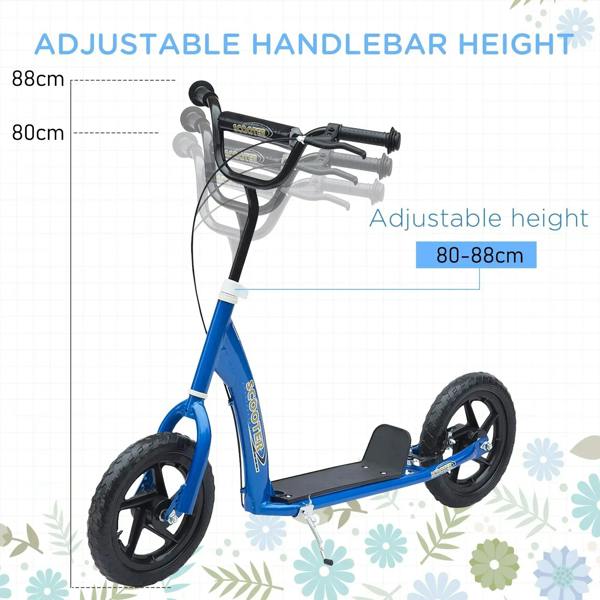 Blue kids kick scooter with adjustable handlebar and large black wheels