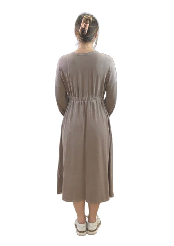 Frock Tales Rustic Midi Dress with Long Sleeves - Cool Mocha