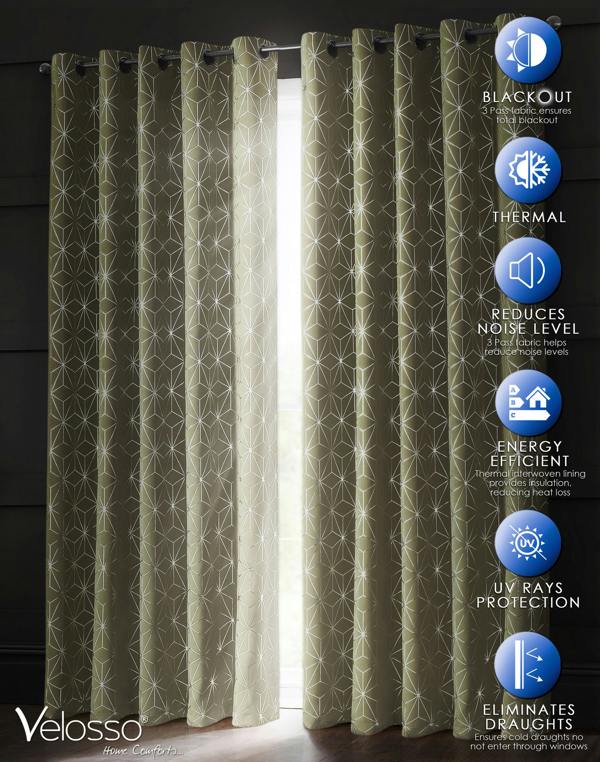 Velosso Versatile Geometric Blackout Curtains, Ring Top Finish, Energy Saving, Thermal, Stylish and Fade Resistant - 168cm x 229cm