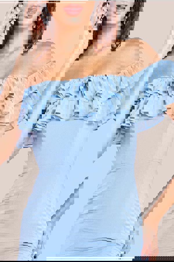 Frilled Off The Shoulder Pleated Chiffon Maxi Dress - Dusky Blue DR4273