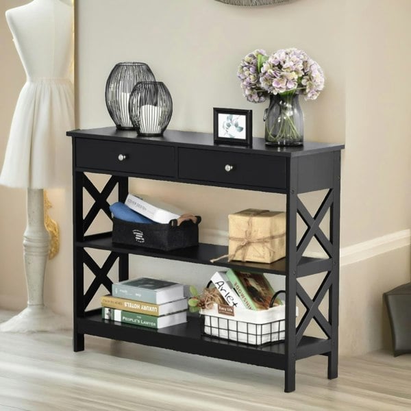 Rafaelo Mobilia 3 Tier Console Table With 2 Drawers Black