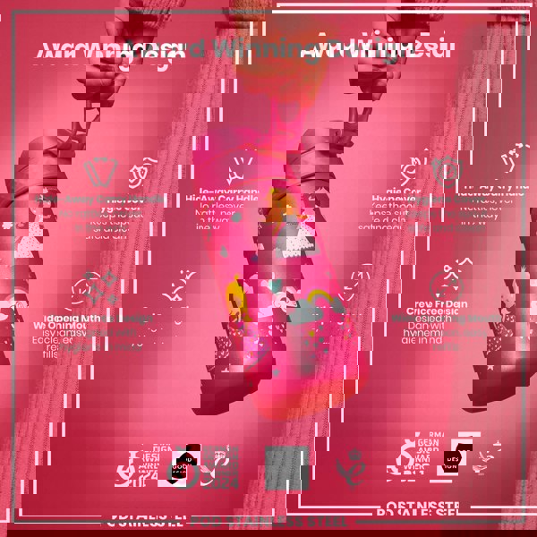 A pink children's water bottle with princess designs is being held; it features a hide-away handle and a wide opening mouth, against a pink background with award logos.