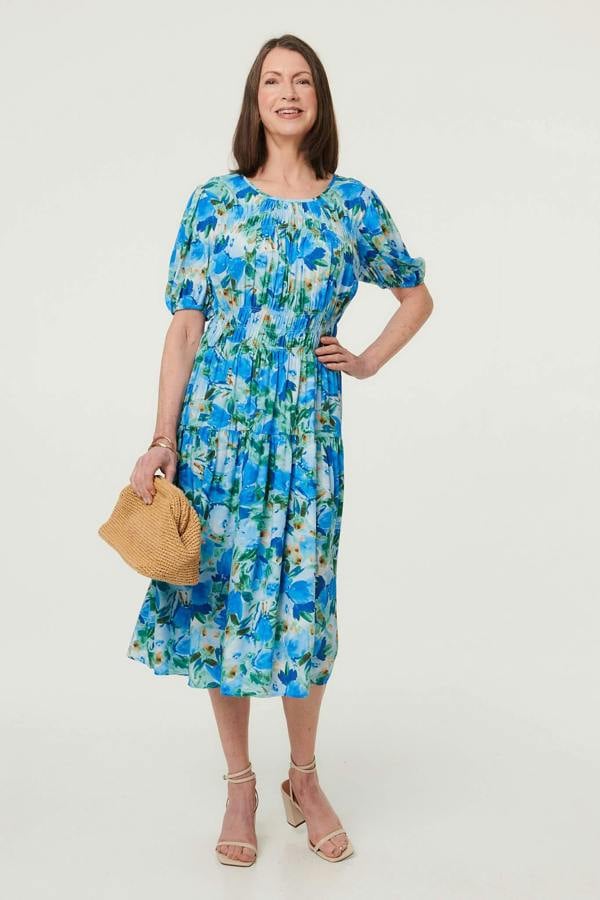 Blue | Floral Shirred Puff Sleeve Midi Dress