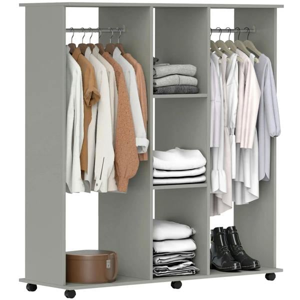 Grey open wardrobe organizer with 6 wheels, hanging rail, and four open shelves
