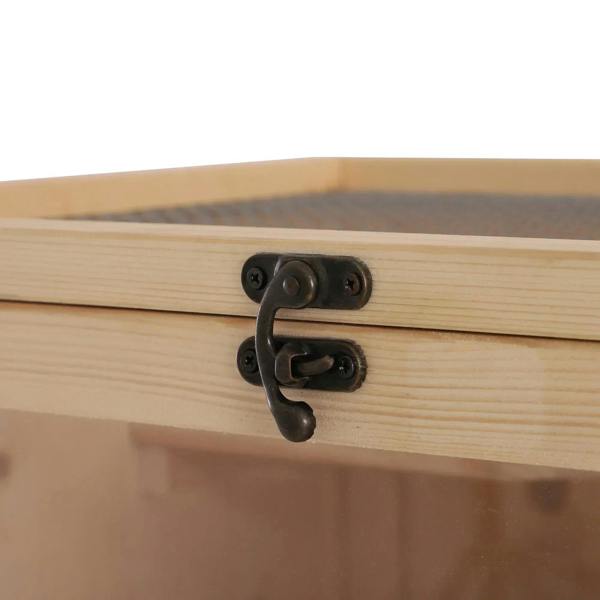 Black metal latch on natural wood panel of a 4-tier hamster cage