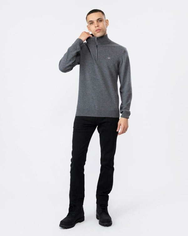 GANT Mens Superfine Lambswool Half Zip Cardigan - 90 Charcoal Melange