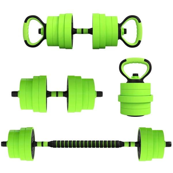 Green adjustable weight dumbbell set with barbell bar and kettlebell handle