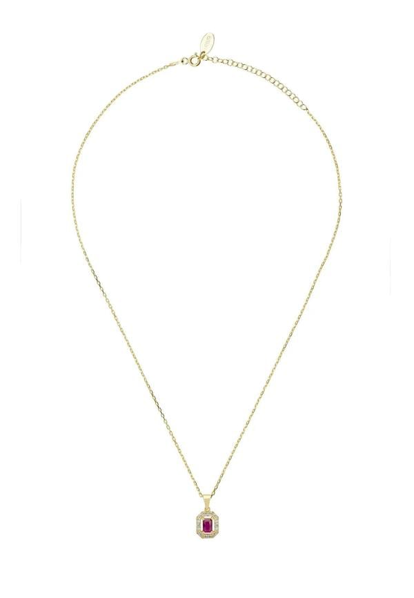 Diamond halo ruby gold pendant necklace.