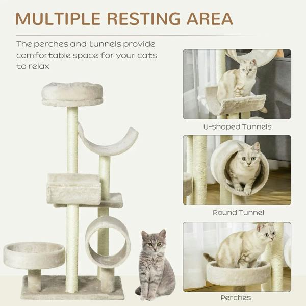 Beige cat tree featuring multiple resting perches plus U-shaped and round tunnel sections.
