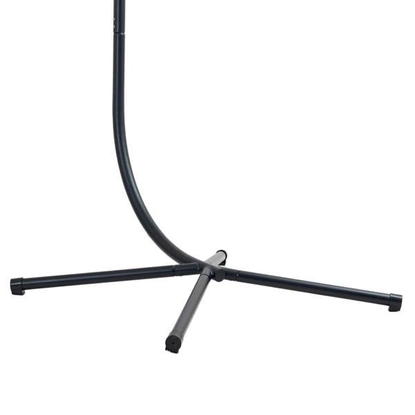 Curved black metal stand supporting a grey rattan hanging egg chair, featuring a woven texture and rounded shape for comfort