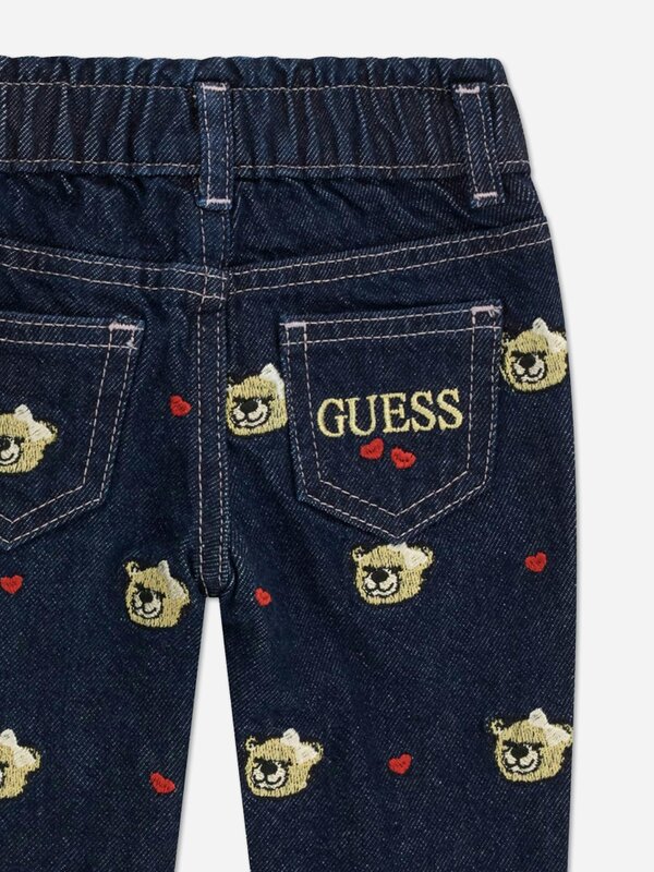 Guess Girls Embroidered Bear Mom Fit Jeans in Blue