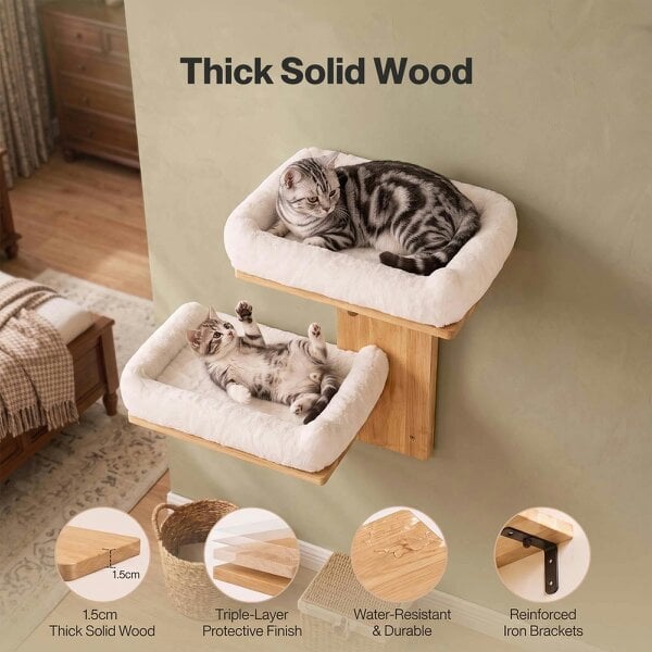Skylos Cat Wall Shelves 2 Platform Steps Rubber Wood for Cat Climbing White