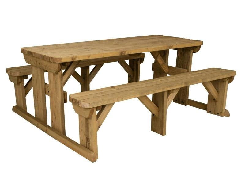 Abies Rounded Picnic Table and Benches Set - Rustic Finish Wooden Outdoor Dining Set for Gardens and Patios