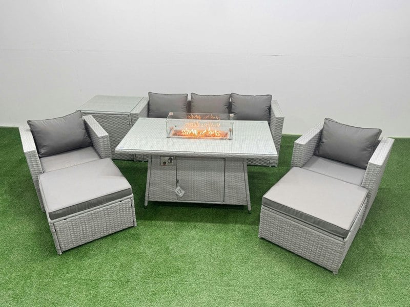 Fimous 7 Seat PE Rattan Lounge Sofa Set Outdoor Garden Furniture Set with Fire Pit Dining Table 3 Seater Sofa 2 Big Footstools Side Table Light Grey
