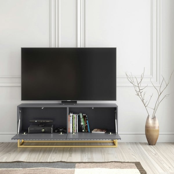 Mex Furniture Grey TV Unit with Gold Base 100cm – Fluted Fronts & Push-Down Doors