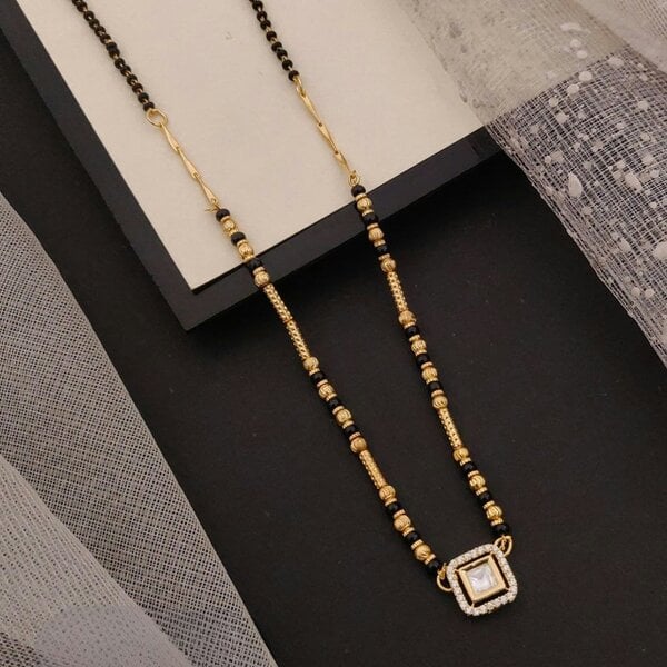 The Colourful Aura Square Solitaire Charm Black Beaded 18ct Gold Plated Mangalsutra Necklace